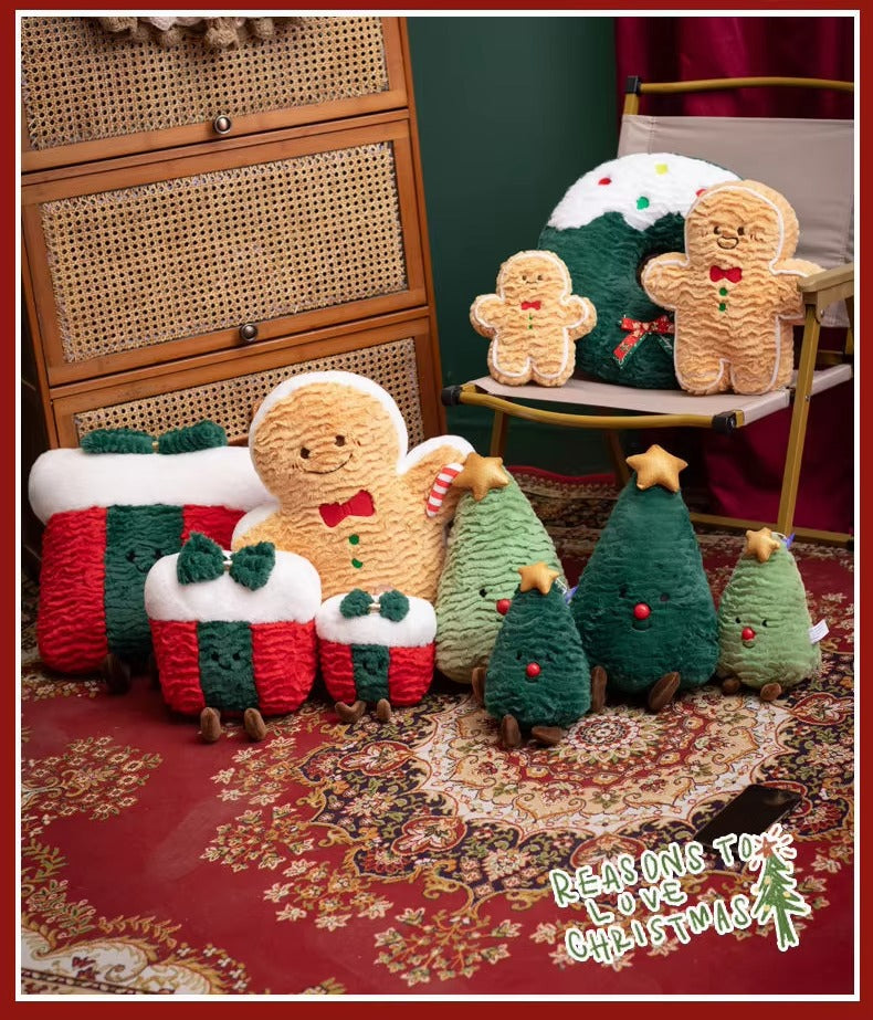 Christmas Decor Cushions – Gift Box/Wreath/Tree/Gingerbread, Plush, Hypoallergenic
