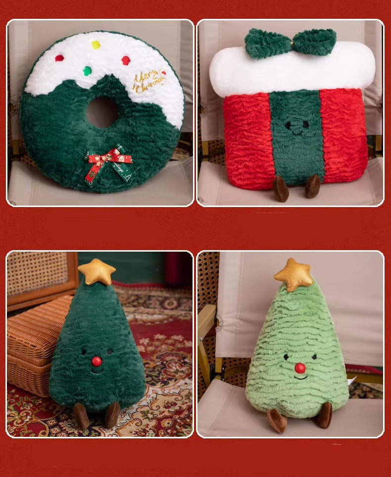 Christmas Decor Cushions – Gift Box/Wreath/Tree/Gingerbread, Plush, Hypoallergenic