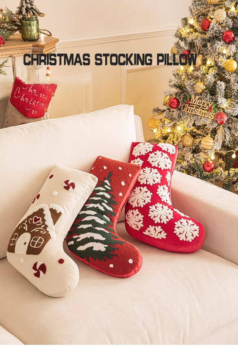 Eco-friendly Christmas Throw Pillows – Stocking/Snowflake Design, Plush Embroidery, Decorative