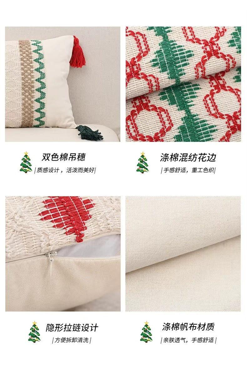 Boho Christmas Tree Throw Pillow Covers – Hanging Tassel, Cotton & Linen, Lace, Decorative, for Cushions