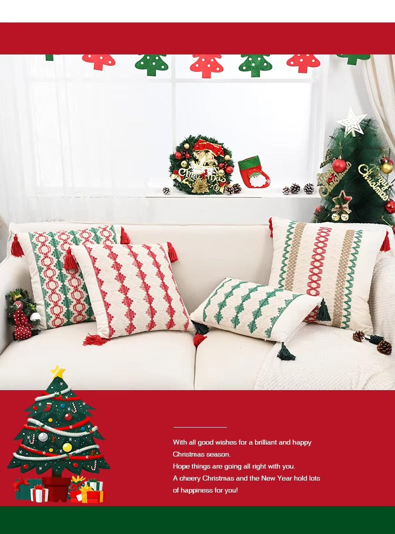 Boho Christmas Tree Throw Pillow Covers – Hanging Tassel, Cotton & Linen, Lace, Decorative, for Cushions
