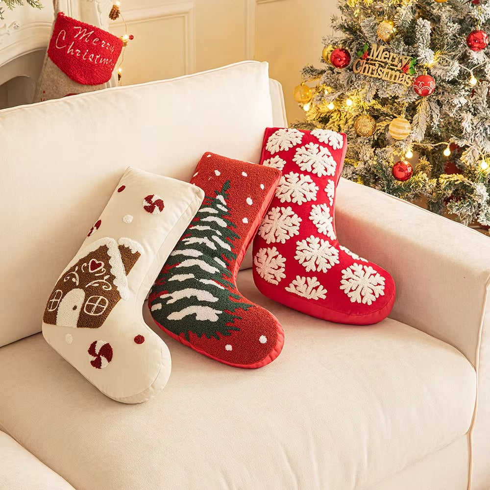 Eco-friendly Christmas Throw Pillows – Stocking/Snowflake Design, Plush Embroidery, Decorative