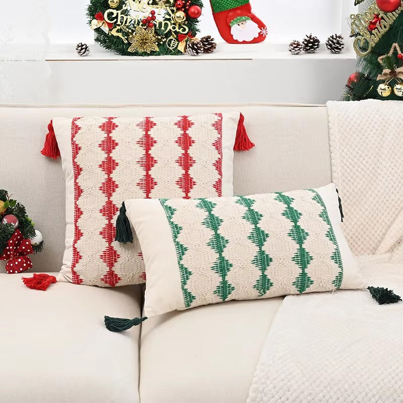 Boho Christmas Tree Throw Pillow Covers – Hanging Tassel, Cotton & Linen, Lace, Decorative, for Cushions