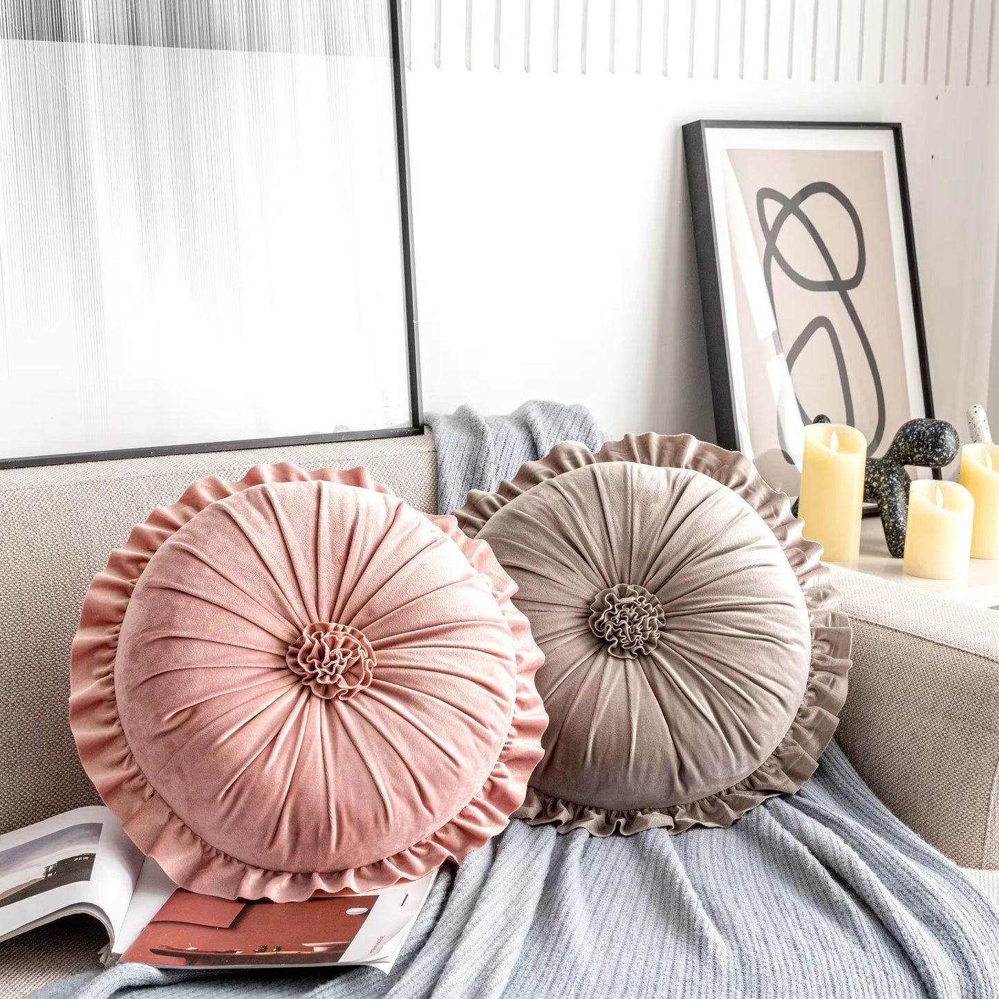 3D Flower Round Throw Pillow Covers – Vivid Ruffle, High Quality Velvet, Decorative, Custom, Seat Use