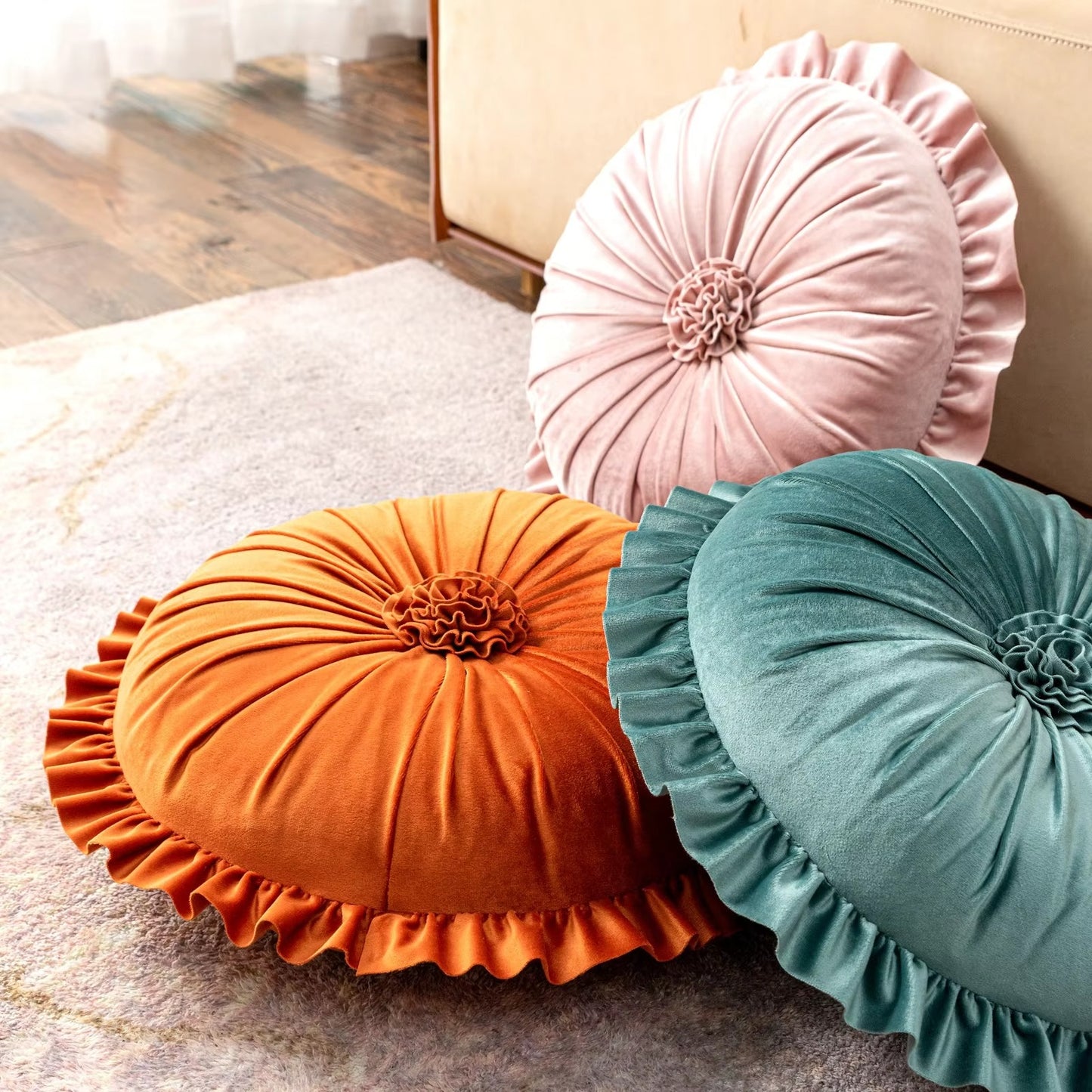 3D Flower Round Throw Pillow Covers – Vivid Ruffle, High Quality Velvet, Decorative, Custom, Seat Use