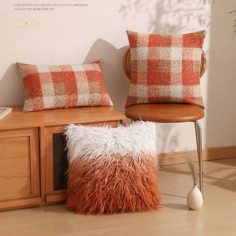 Faux Fur Pillows – Contrast Color, Mongolian Long Plush, Decorative, Teddy Buffalo Plaid Cases