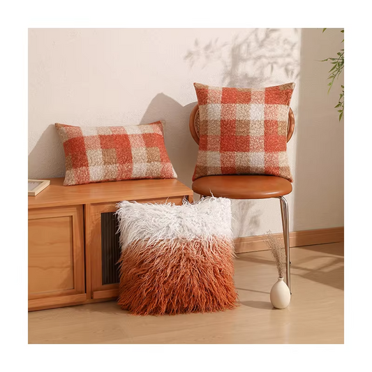 Faux Fur Pillows – Contrast Color, Mongolian Long Plush, Decorative, Teddy Buffalo Plaid Cases