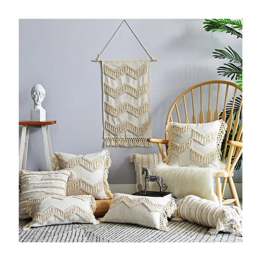 Indian Style Cushion Covers – Tassel Fringe, Tufted, Polyester Cotton, Throw Pillow/Sofa Decor