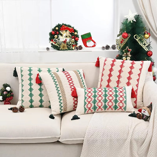 Boho Christmas Tree Throw Pillow Covers – Hanging Tassel, Cotton & Linen, Lace, Decorative, for Cushions