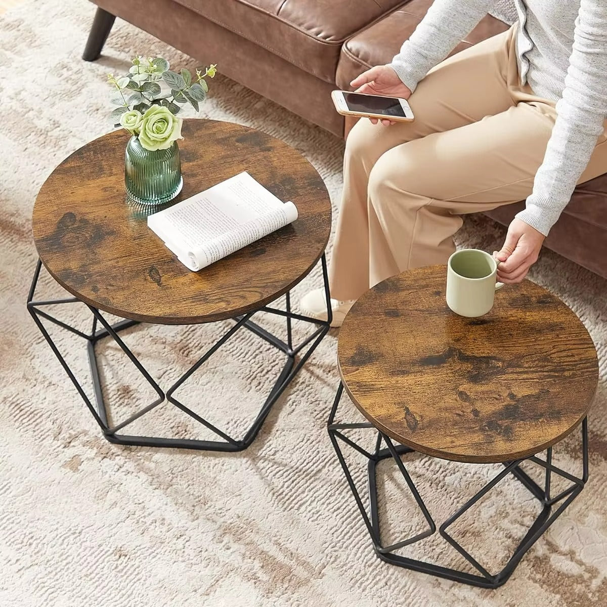 Luxury Modern Wooden Coffee Table Set – Minimalist, Metal Legs, Living Room/Home Office/School