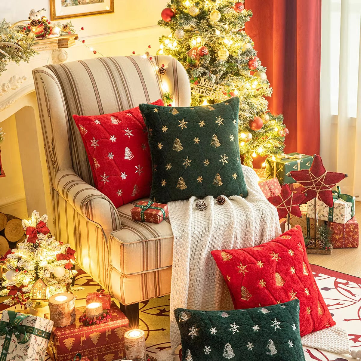 Custom Christmas Gift Cushion Covers – Embroidered Tree/Snowflake, Plush, Decorative Throw Pillows