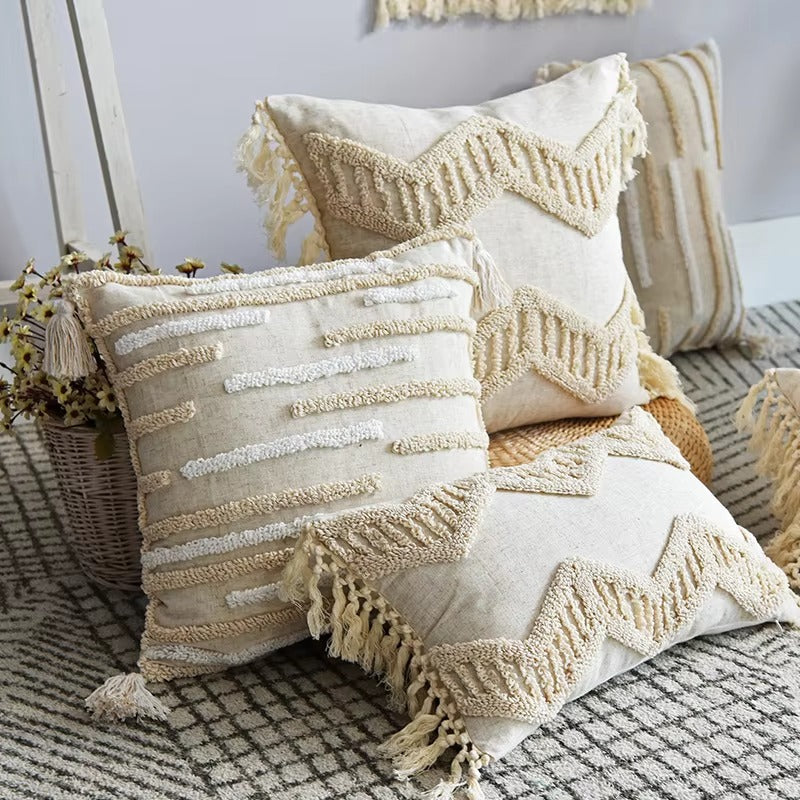 Indian Style Cushion Covers – Tassel Fringe, Tufted, Polyester Cotton, Throw Pillow/Sofa Decor
