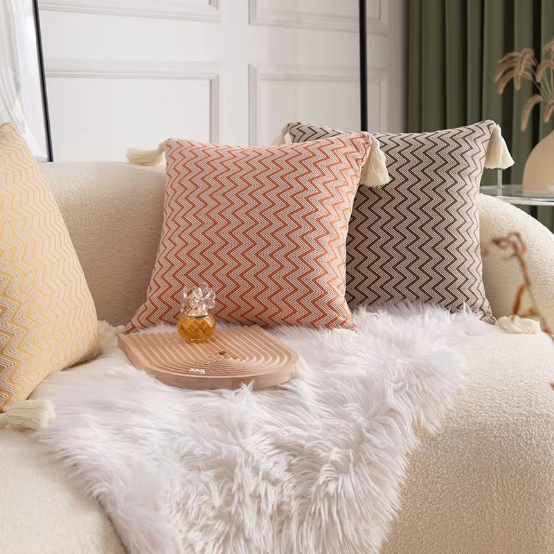 Red Jacquard Stripe Sofa Pillowcase – Handmade Tassel, Fast Delivery