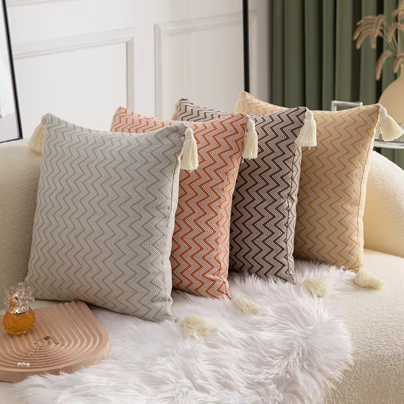 Red Jacquard Stripe Sofa Pillowcase – Handmade Tassel, Fast Delivery