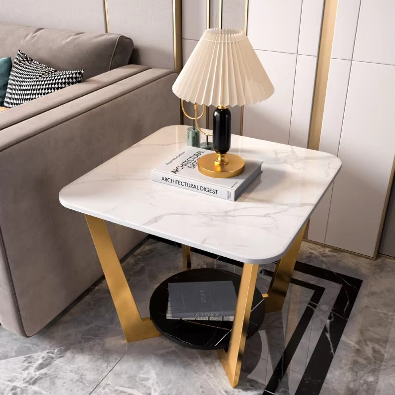 Advanced Corner Small Square Tables – Sofa Side, Light Luxury Rock Board, Creative Storage, Living Room