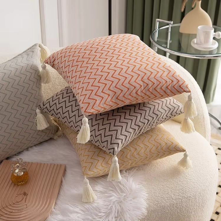 Red Jacquard Stripe Sofa Pillowcase – Handmade Tassel, Fast Delivery